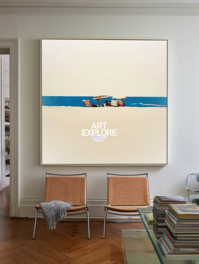 Original Minimalist Beach Painting With Blue Sea And Sand For Modern Coastal Home Decor Art
