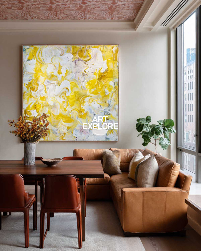 Vibrant Yellow Abstract Painting For Modern Living Room With Dynamic Brushstrokes