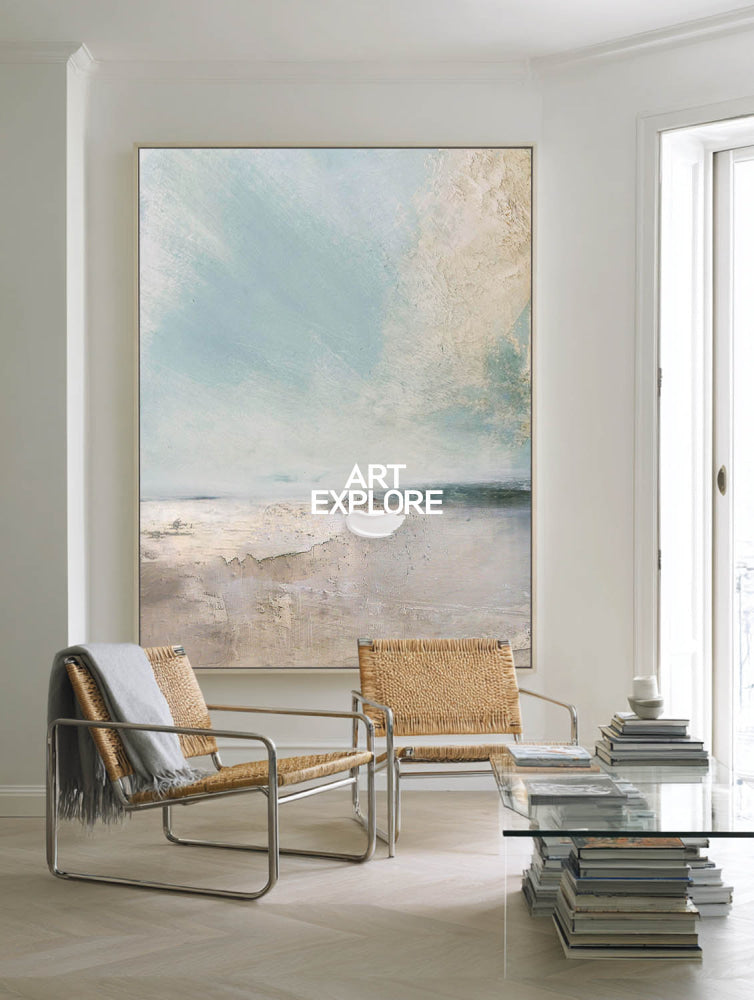 Original Nature Landscape Painting In Blue And Beige For Bedroom Wall Art Design