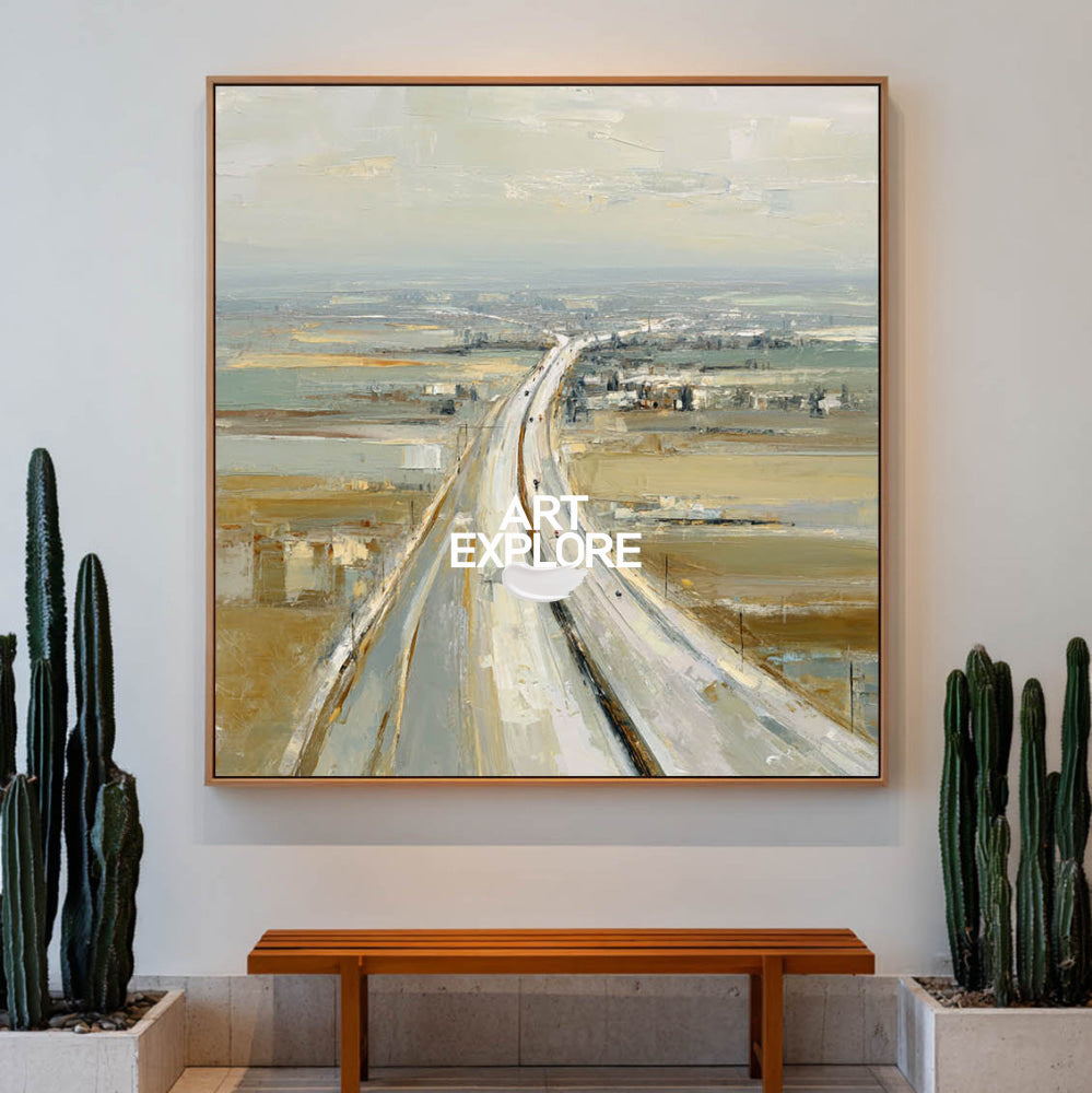 Abstract Highway Landscape Painting Textured Beige Grey Art For Modern Living Room