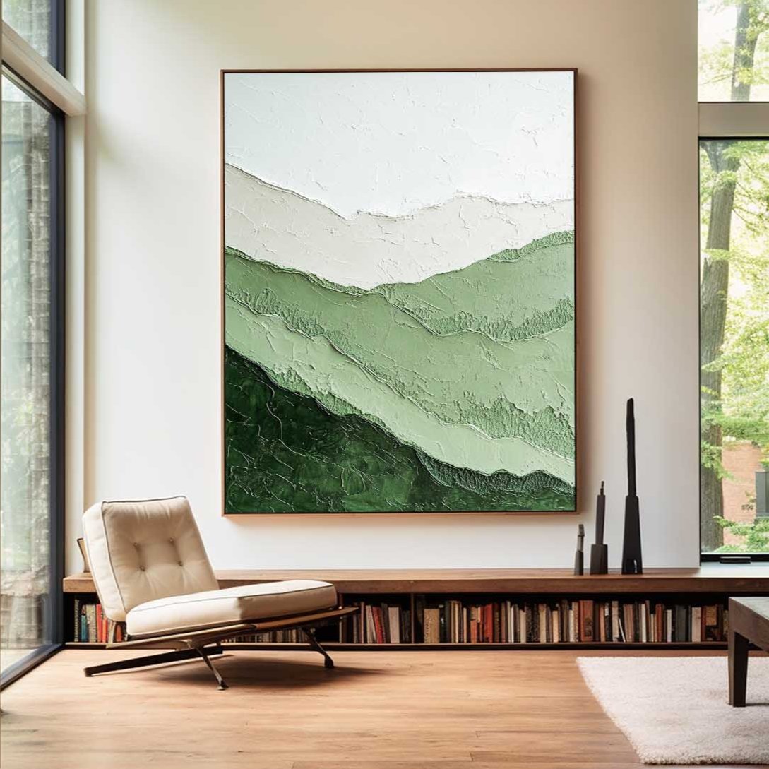 Lage Minimalist Green Textured Painting Green Abstract Painting Vertical Artworks for Livingroom