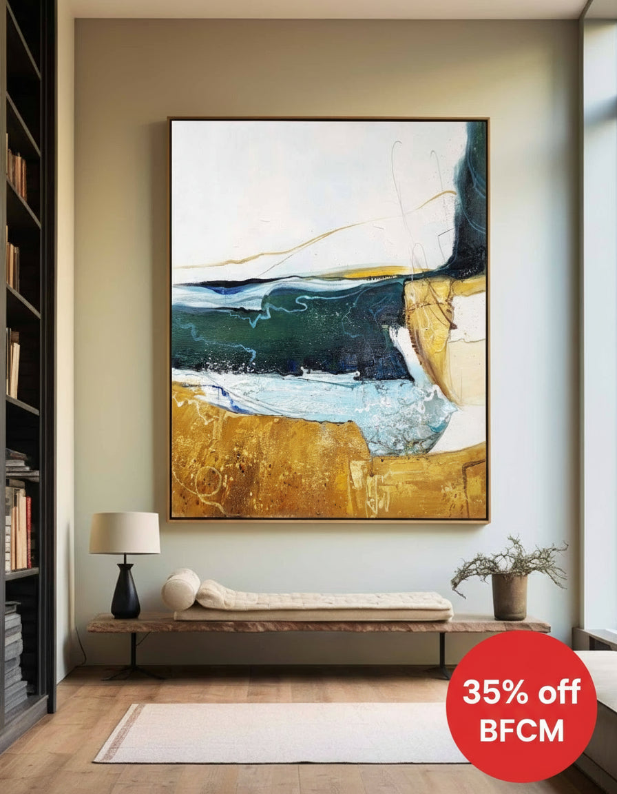 Abstract Gold Canvas Art Green Canvas Painting Vertical Texutred Art |Artexplore