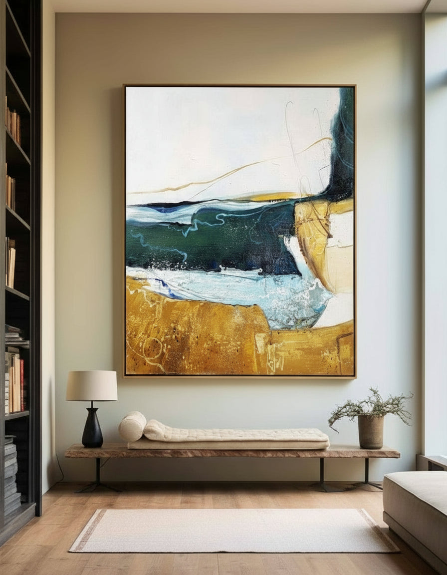 Abstract Gold Canvas Art Green Canvas Painting Vertical Texutred Art |Artexplore