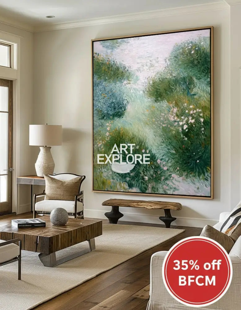 Tranquil Nature Path Oil Painting | Vertical Green Landscape Canvas | ArtExplore