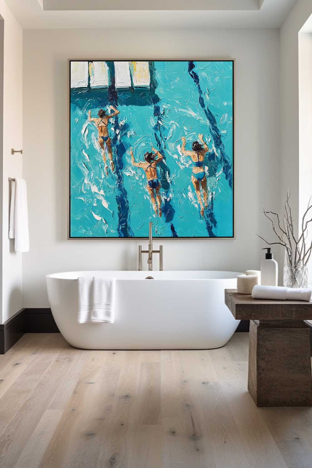 Large Swimming Painting Blue Swimming Textured Wall Art Modern Sport Painting For Sale