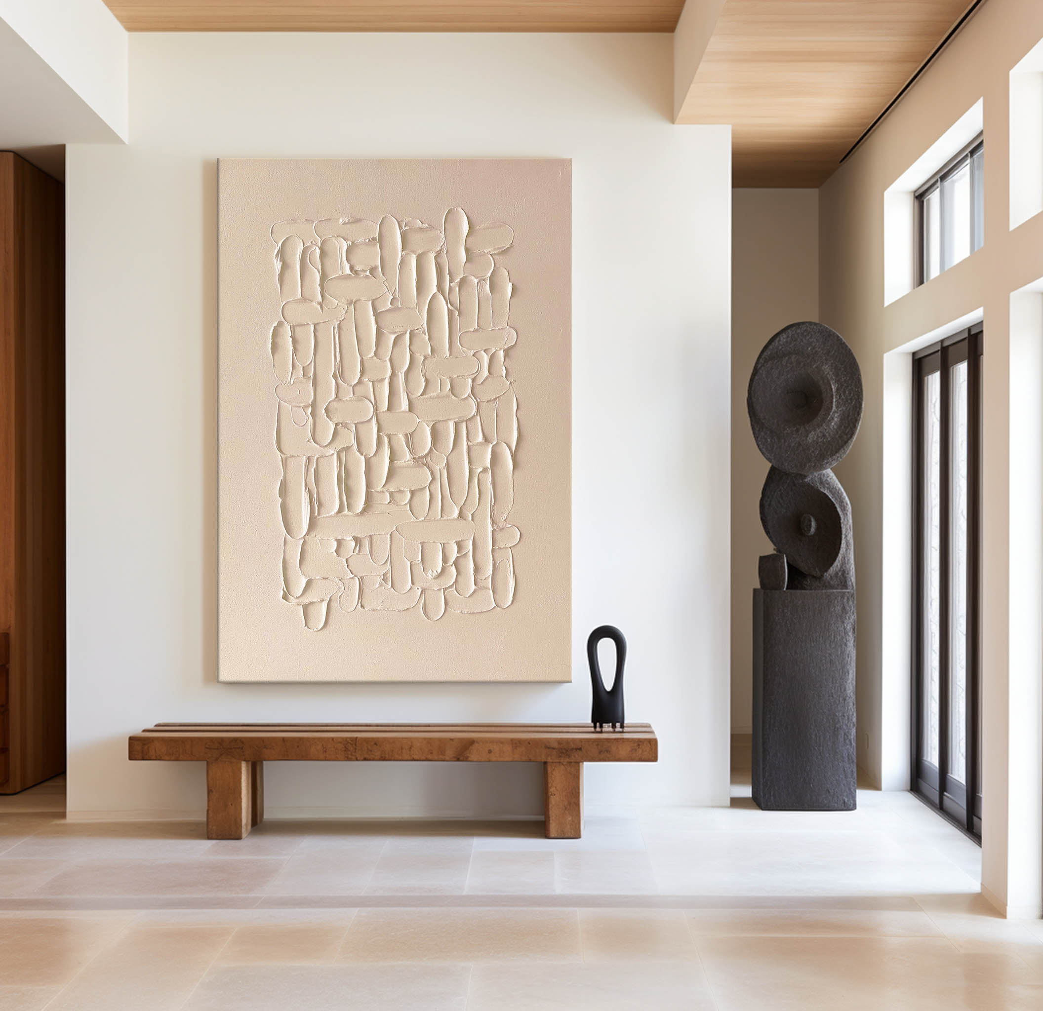 Modern Beige Abstract Canvas Wall Art Minimalist Painting Thick Plaster Texture Painting