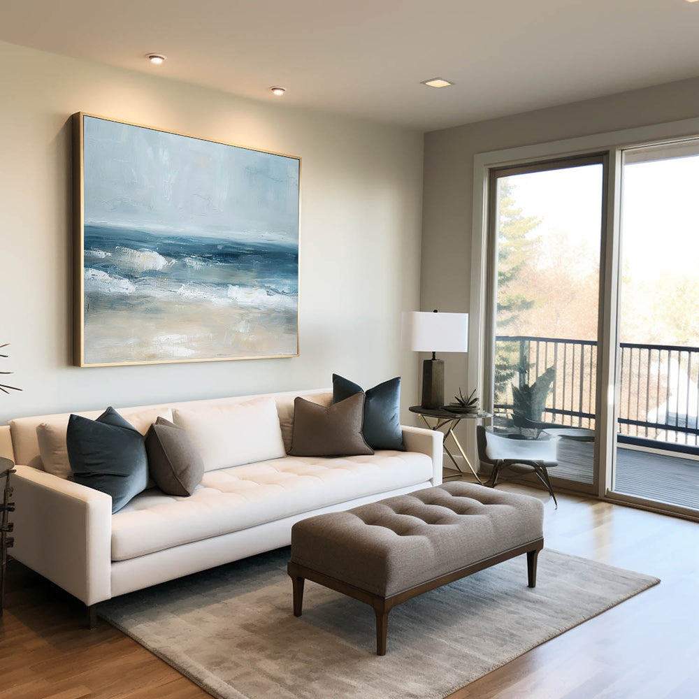 Large Abstract Blue Seascape Paintings On Canvas Modern Blue Textured Beach Canvas Wall Art Painting For Living Room Wall
