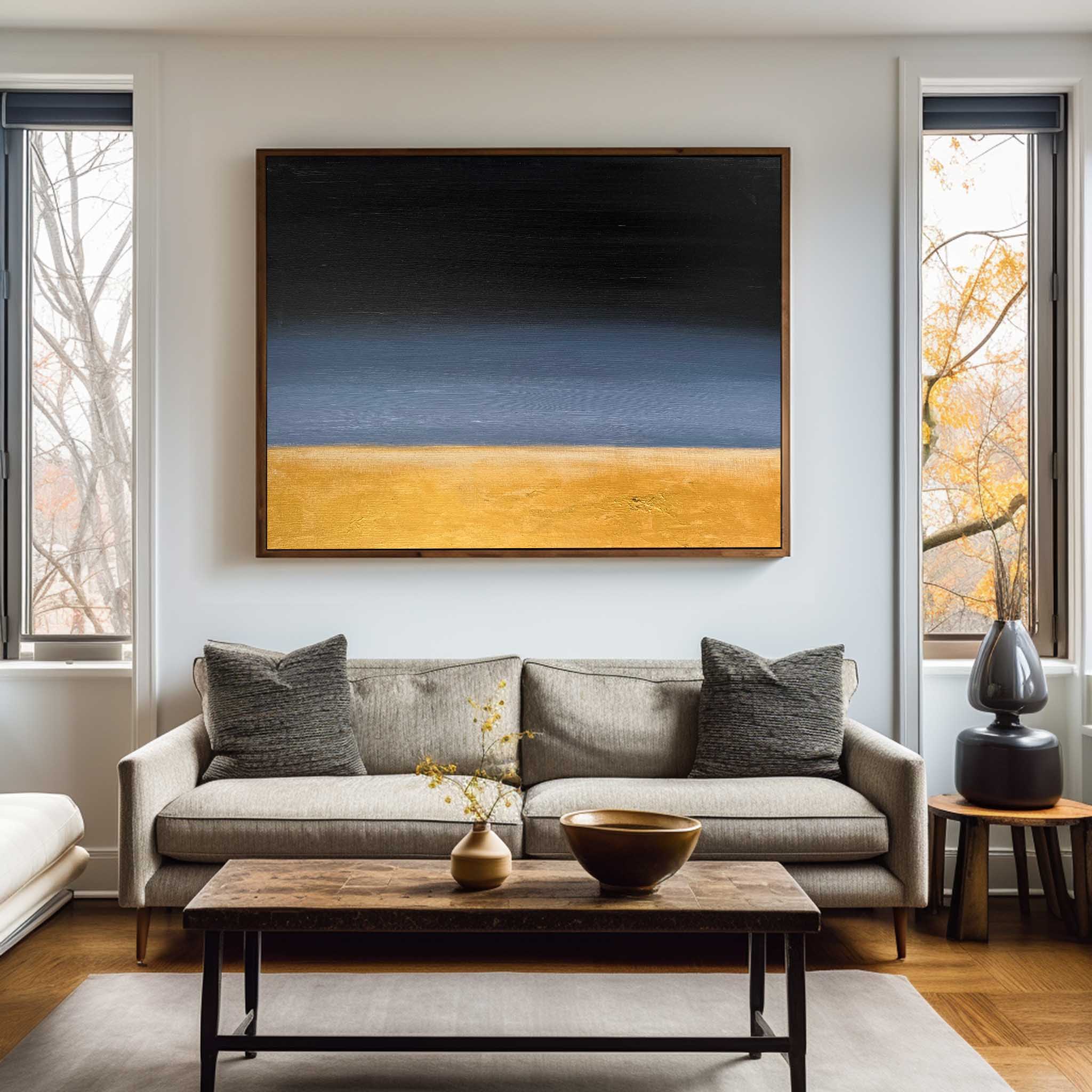 Large Black And Gold Minimalist Art Acrylic Painting Livingroom Canvas Wall Art For Sale