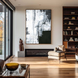 Large Vertical Textured Black White Cyan Abstract Painting On Canvas