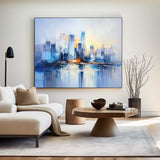 Large Urban Painting Blue Cityscape Painting Rich Textured Palette Knife Artworks For Sale