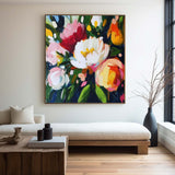 Colorful Flowers Painting Square Abstract Bauhaus Wall Art Rich Textured Canvas Art For Livingroom