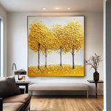 Large Gold Trees Art Painting Plaster Canvas Art Modern Square Textured Art Handmade Artworks For Sale