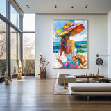 Girl On The Ocean Abstract Oil Painting, Joyful Woman At A Hawaiian Beach Art, Unique Colorful Art