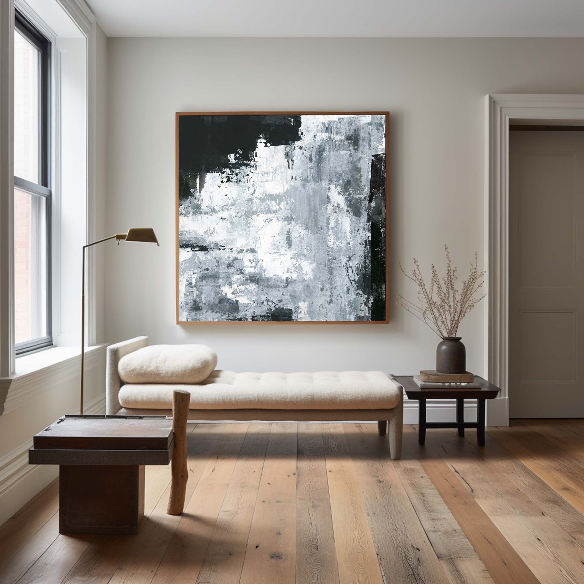 Black And White Wall Art Framed Dark Abstract Painting For Living Room