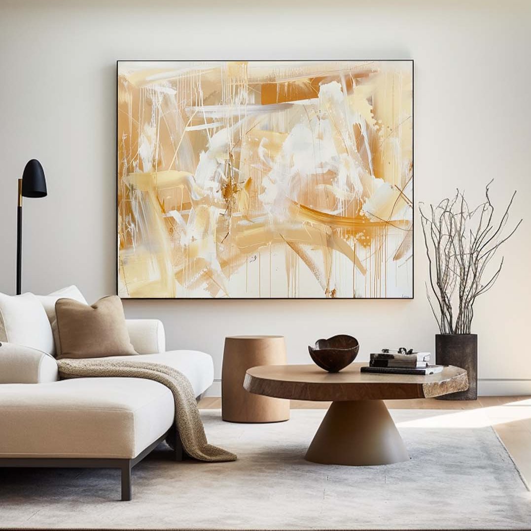 Modern Yellow And White Minimalist Abstract Art On Canvas Abstract Painting For Sale