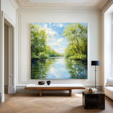 Large Green Lake Landscape Painting Modern Lake View Painting Textured Canvas Art For Livingroom