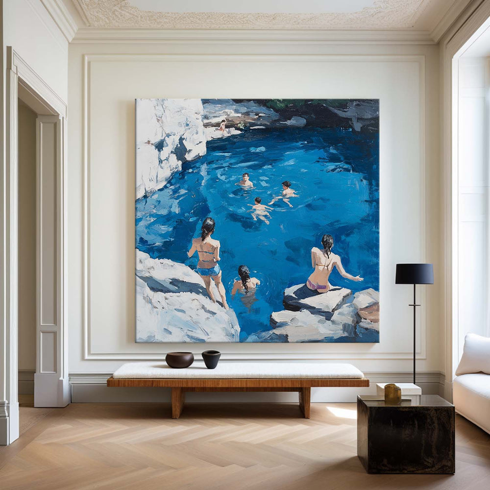 Large Swim and Play Wall Art Blue Home Party Textured Wall Art Swim Painting For Livingroom