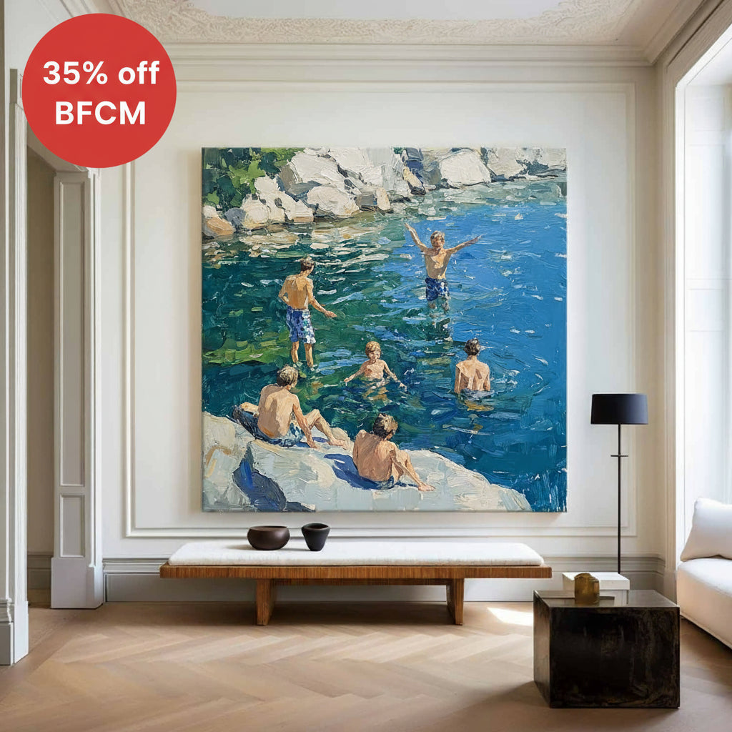 Large Swim and Play Wall Art Blue Home Party Textured Wall Art Swim Painting For Livingroom