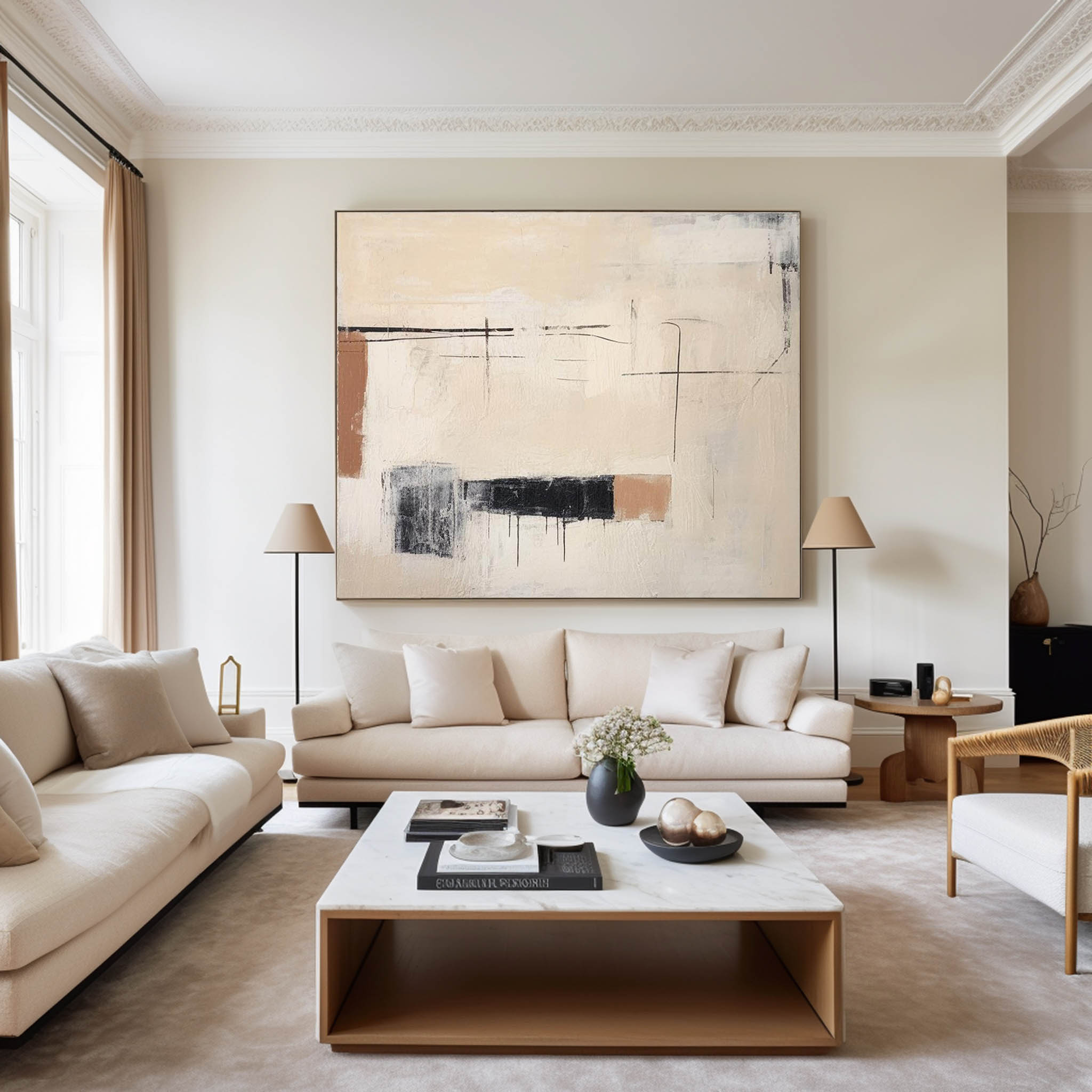 Black And Beige Abstract Painting Minimalist Art Large Horizontal Canvas Paintings For Sale