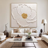 3D White Flower Painting Minimalist Plaster Art On Canvas Modern Flower Painting For livingroom