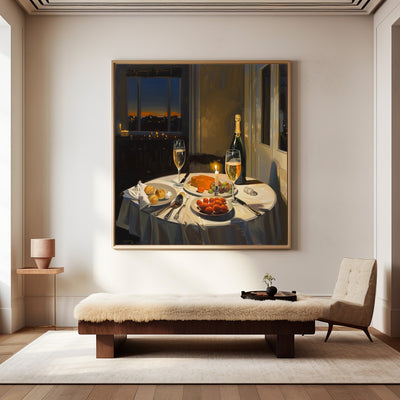 Large American Realism Wall Paintings Large Framed Canvas Art Romantic Candlelight Dinner in New York
