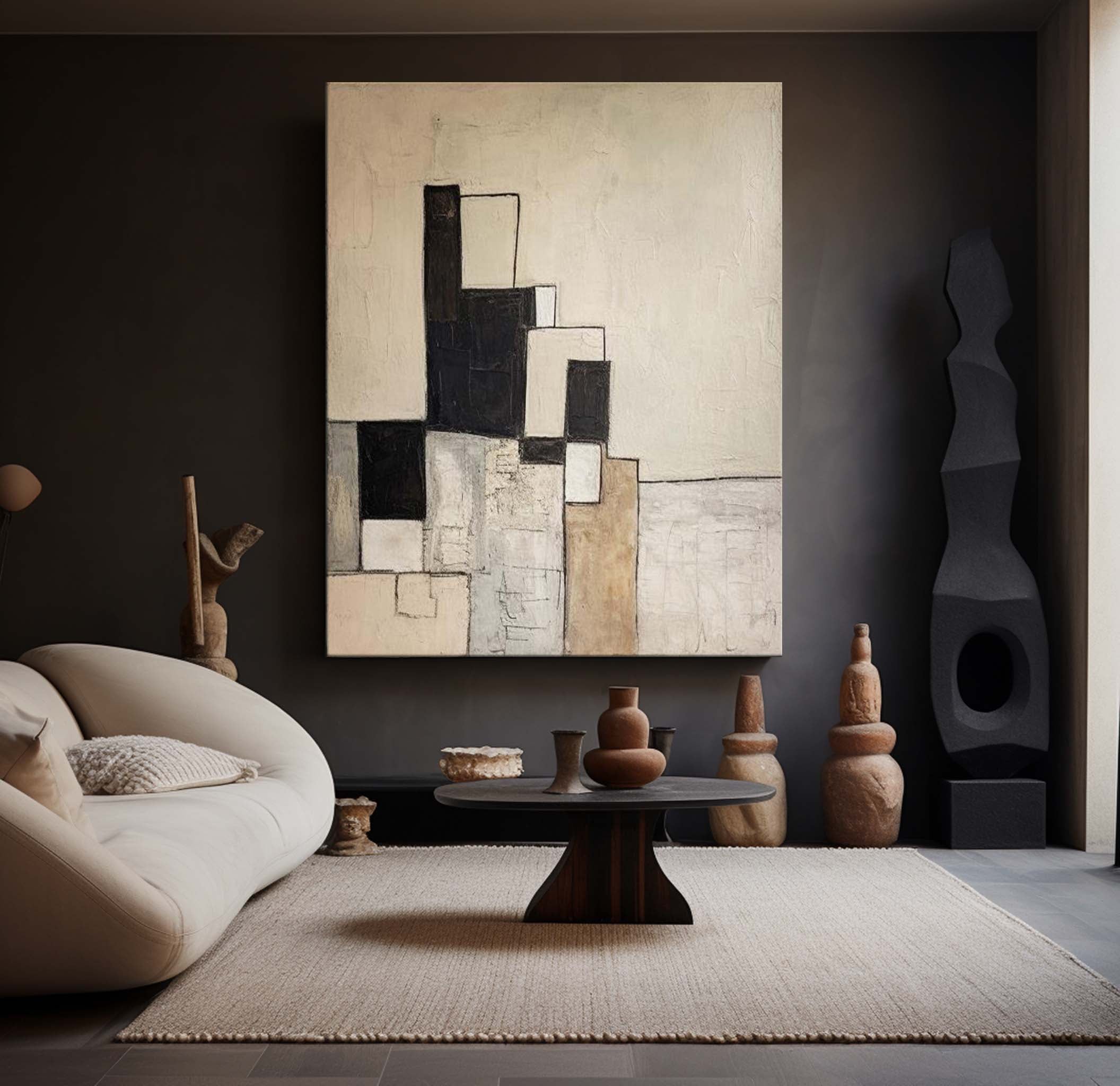 Modern Black And Beige Abstract Canvas Wall Art Earth Tone Minimalist Art Minimalist Painting