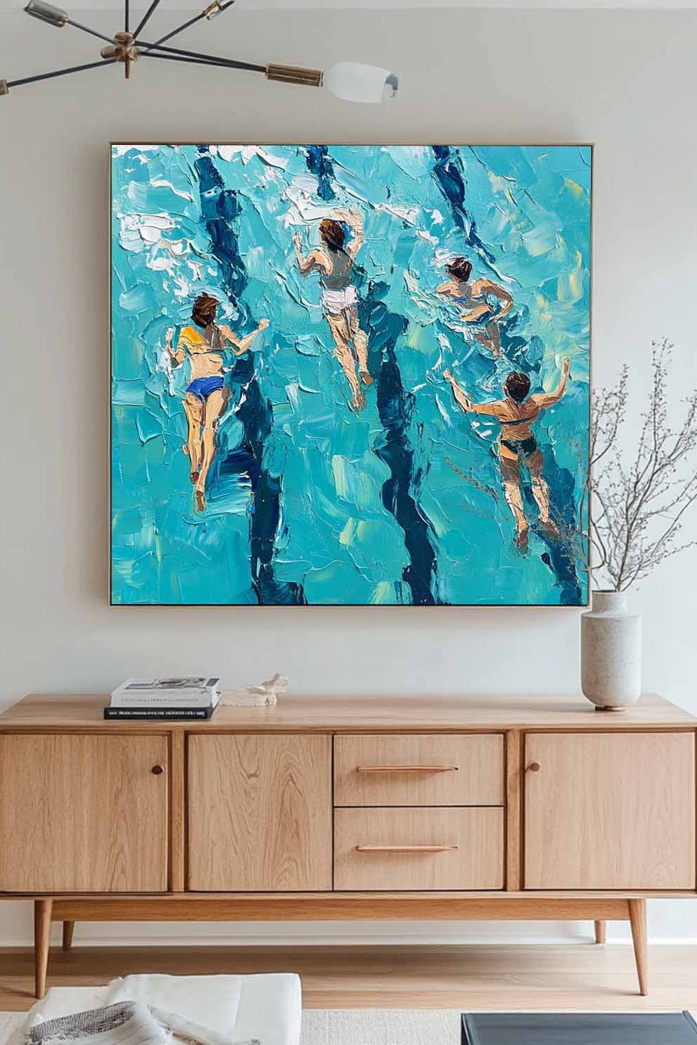 Blue Swimming Painting Swimming Girl Textured Wall Art Modern Sport Textured Painting For Hallway