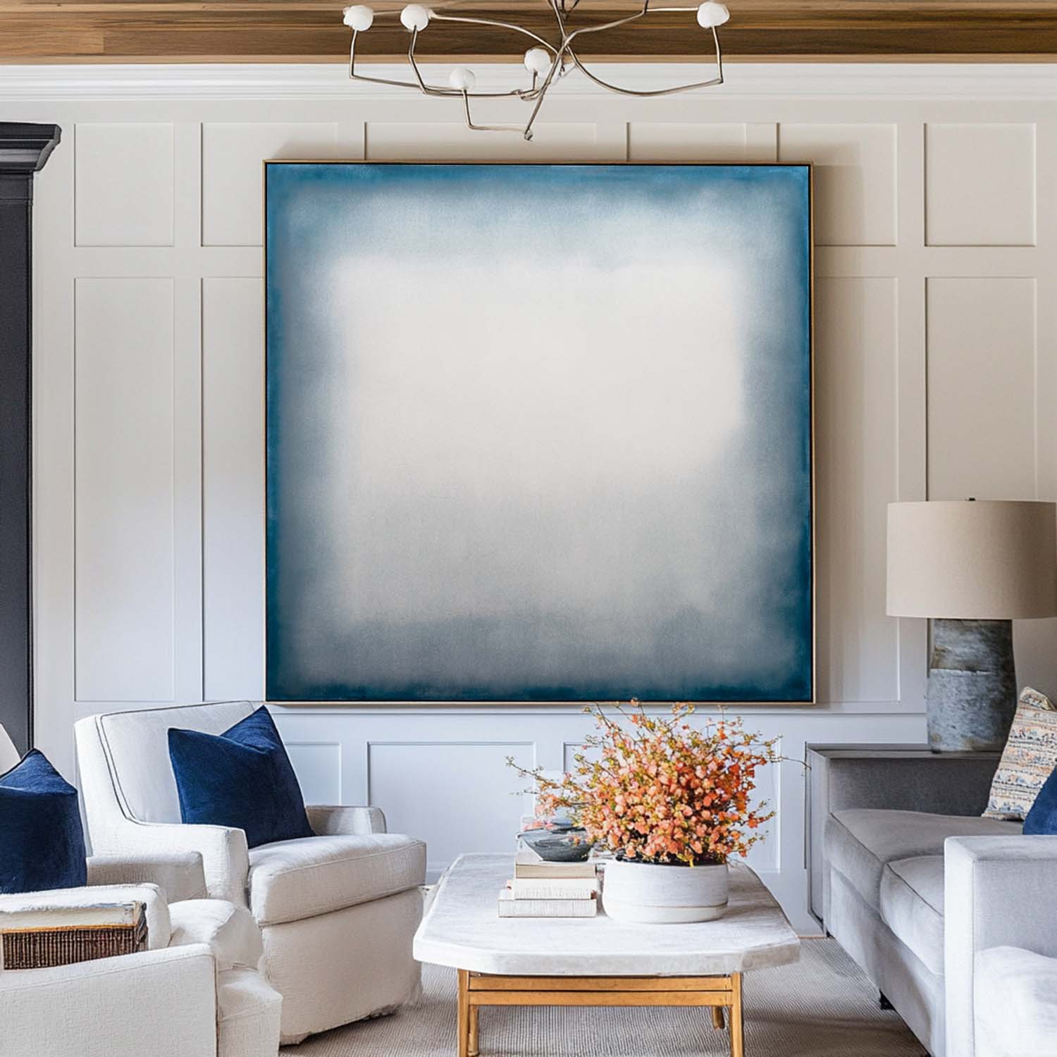 Large Blue Minimalist Oil Painting for Living Room | Modern Wabi-Sabi Art - ArtExplore