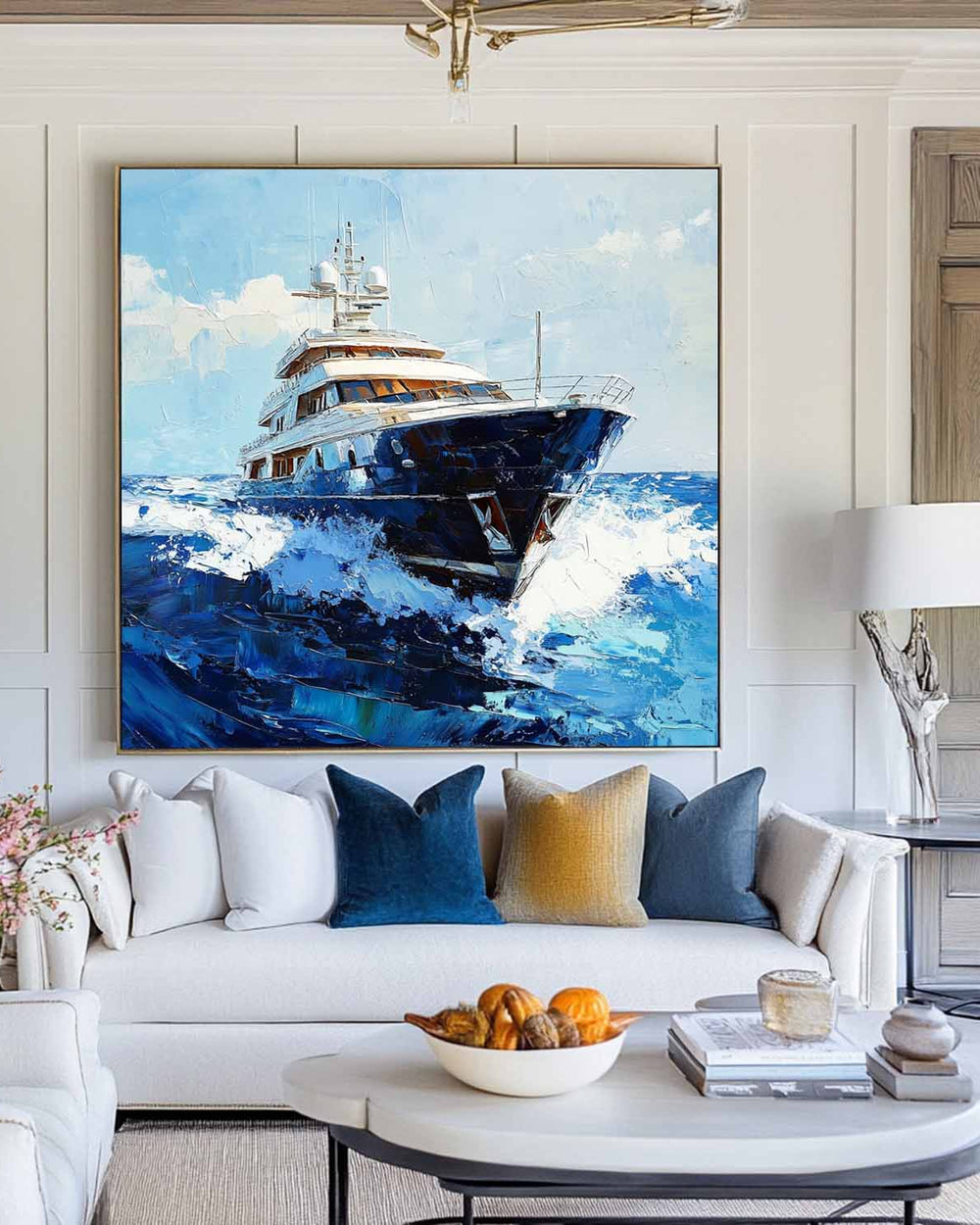 Large Sea Ship Wall Art Blue Cruise Ship Painting Textured Wall Art Painting Living Room Wall Art