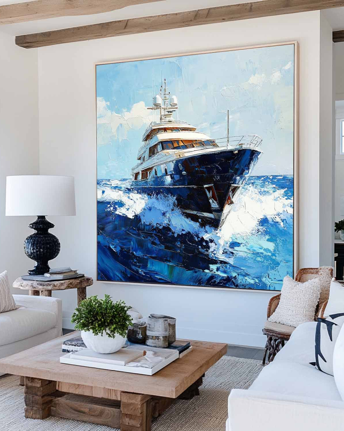 Large Sea Ship Wall Art Blue Cruise Ship Painting Textured Wall Art Painting Living Room Wall Art