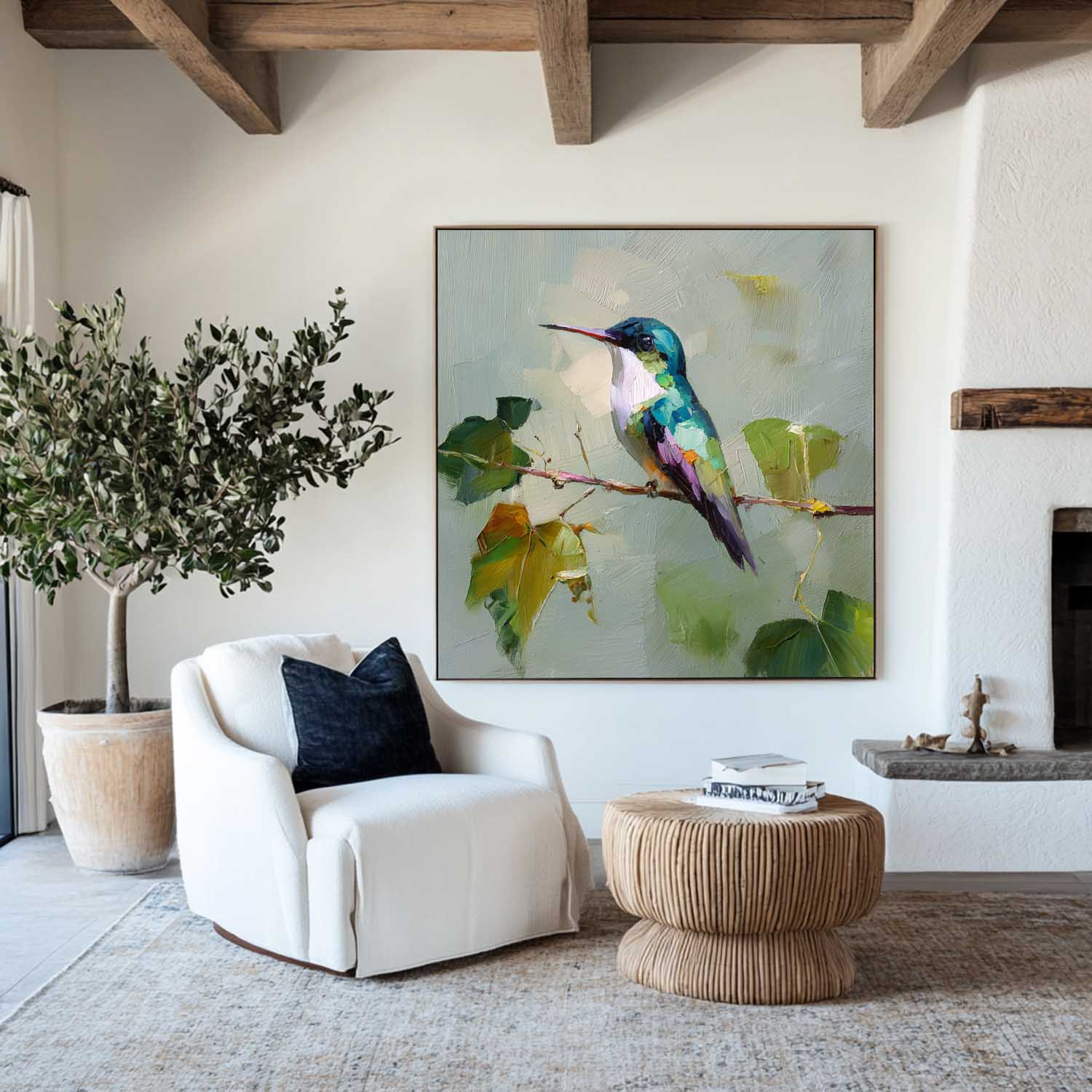 ArtExplore Blue Hummingbird Square Oil Painting | Textured Canvas Modern Home Decor