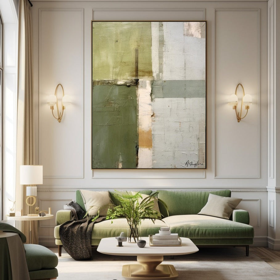 Wabi-sabi Green Abstract Art, Green Minimalist Painting, Luxury Textured Canvas Wall Art