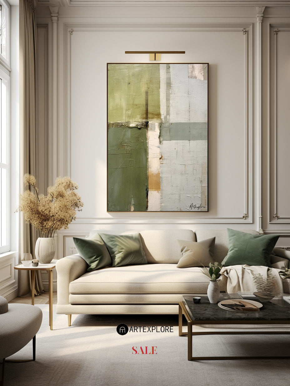 Wabi-sabi Green Abstract Art, Green Minimalist Painting, Luxury Textured Canvas Wall Art