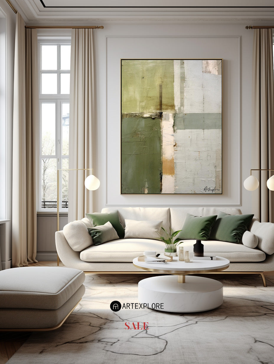 Wabi-sabi Green Abstract Art, Green Minimalist Painting, Luxury Textured Canvas Wall Art