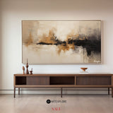 Large tan abstract painting, black beige canvas paintings, soft brush strokes painting for sale