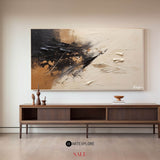 Large tan and beige abstract painting Japandi black beige wall art for livingroom