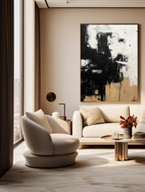 Modern Black Beige Abstract Painting Vintage Canvas Wall Art Black Beige Minimalist Abstract Art