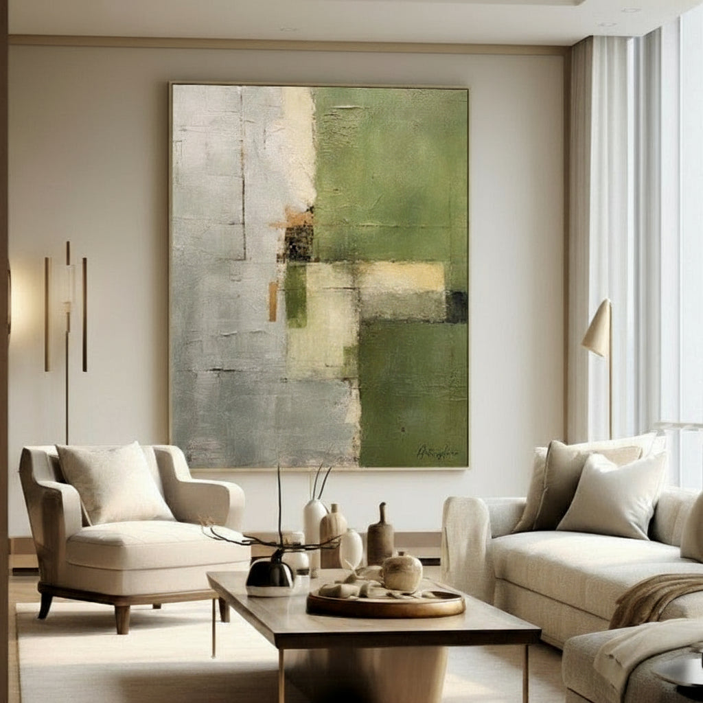 Wabi-sabi Green Abstract Art, Green Minimalist Painting, Eclectic Textured Canvas Wall Art