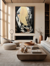 Modern Black Beige Abstract Painting Vintage Canvas Wall Art Black Beige Minimalist Abstract Art