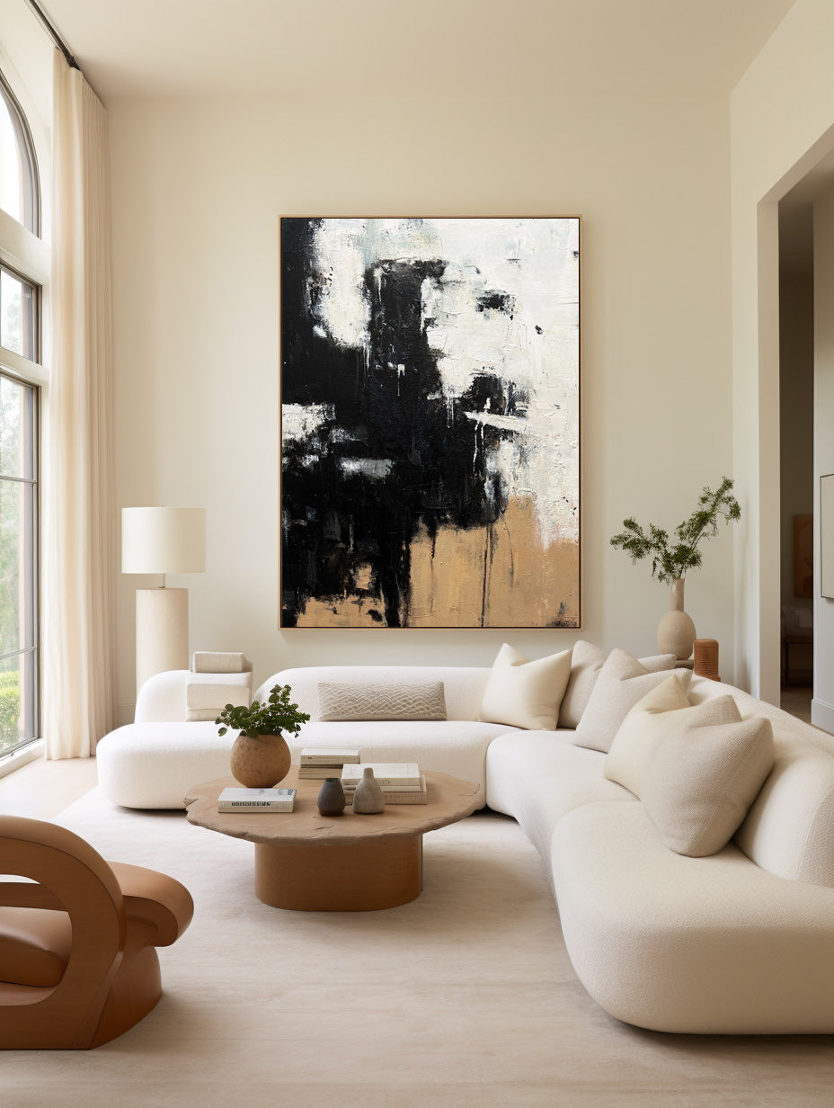 Modern Black Beige Abstract Painting Vintage Canvas Wall Art Black Beige Minimalist Abstract Art