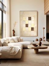 Wabi-sabi Beige Plaided Canvas Art Large Minimalist Wall Art Beige Acrylic Painting For Sale