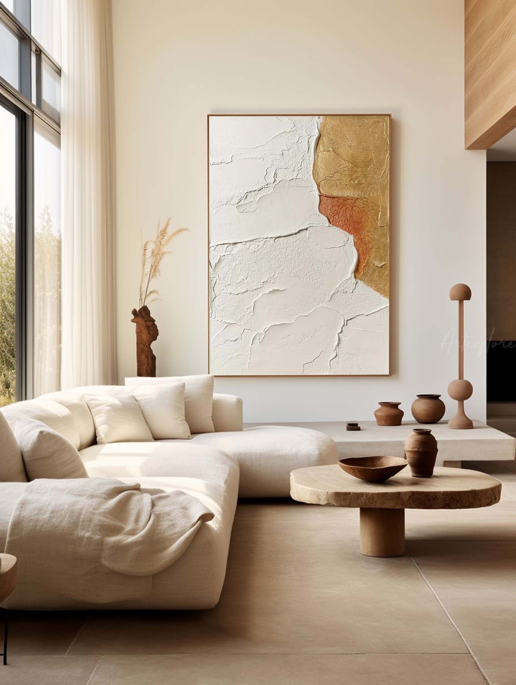 Abstract White And Gold Acrylic Oil Painting Minimalist White Art vertical Paintings For Wall Custom Artwork