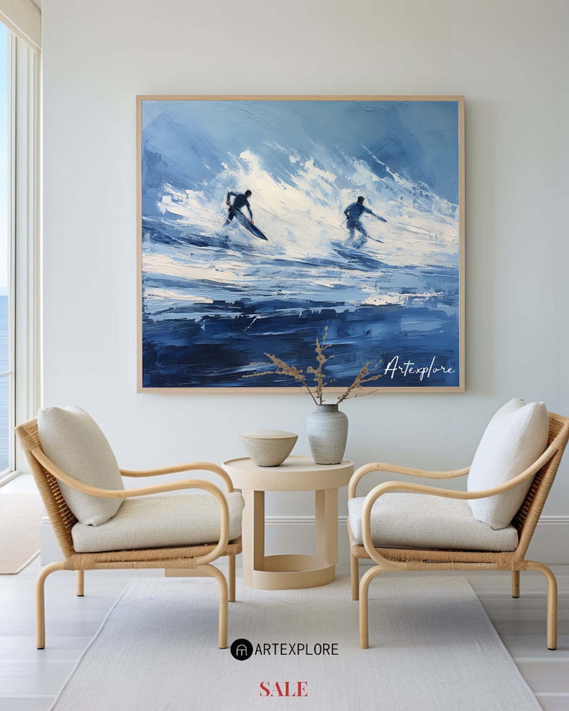 Original Blue Ocean Wave Wall Art Paintings Blue Surf Canvas Wall Art Modern Texture Painting 