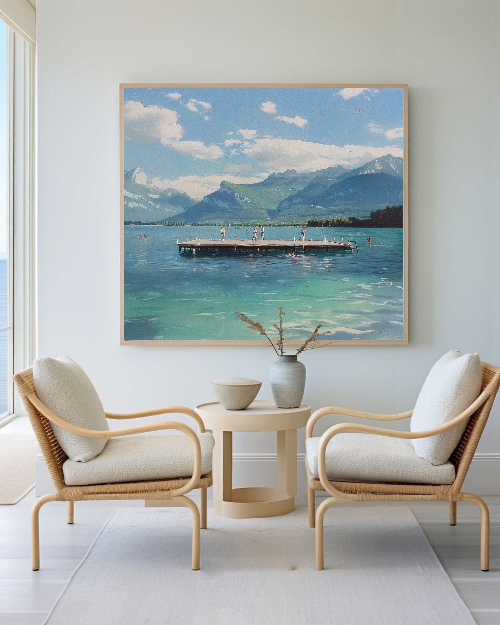 Modern Blue Lake Painting Canvas Art of Swimmers in the Blue Lake Original Hand Painted Acrylic Painting Art
