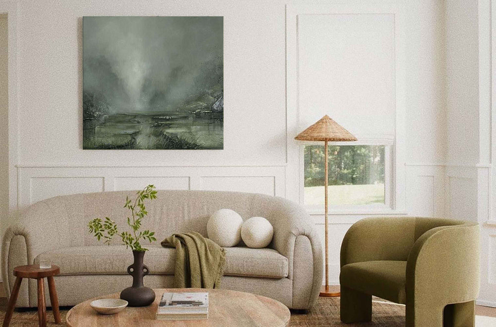 Modern Green Landscape Canvas Art Rich Textured Wall Art Modern Square Canvas Painting For Sale