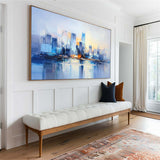 Large Urban Painting Blue Cityscape Painting Rich Textured Palette Knife Artworks For Sale