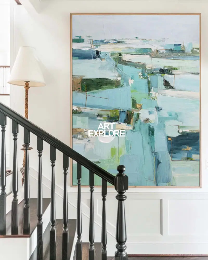 Modern Turquoise Painting Blue Abstract Canvas Wall Art Large Abstract Texture Painting For Sale