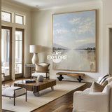 Oversized White Beige Texture Painting Modern Beige Lake View Wall Art Minimalist Fine Art For Sale
