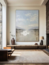 Oversized White Beige Texture Painting Modern Beige Lake View Wall Art Minimalist Fine Art For Sale
