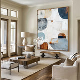 Handmade Blue Abstract Oil Painting – Large Canvas with Textured Wabi-Sabi Style